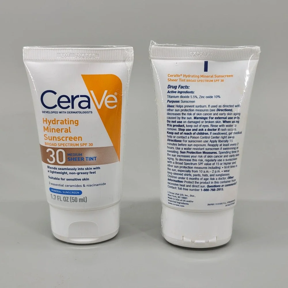 CeraVe Hydrating Mineral Sunscreen SPF 30 Medium Sheer Tint 2 Pack Exp 1/28